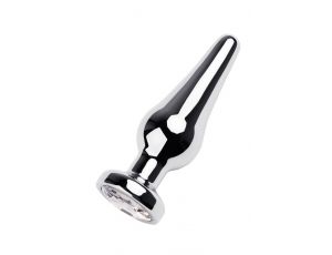 Silver anal plug TOYFA Metal with white round-shaped gem, length 9 cm, diameter 1,5-4 cm, weight 205 gr