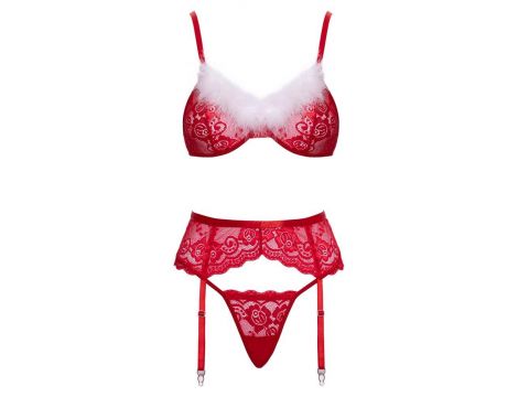 Świąteczny komplet bielizny Cottelli LINGERIE czerwony z piórkami S/M - 3