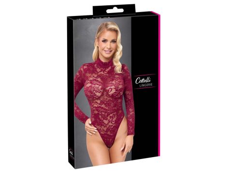 Body koronkowe Cottelli LINGERIE bordowe XL z długim rękawem - 6