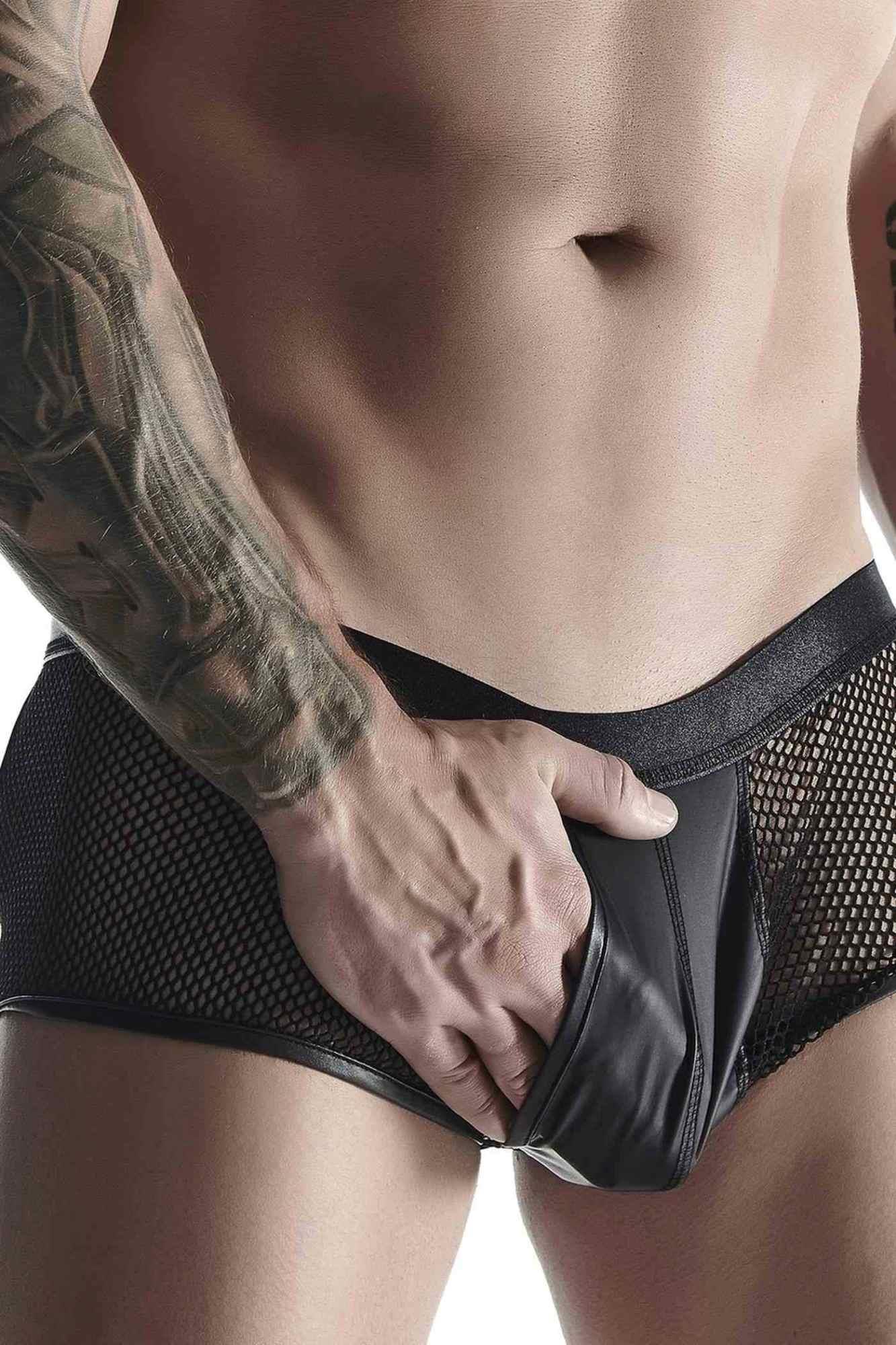 męskie szorty z wetlooka i elastycznej siatki z otwartym tyłem XL