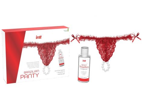 Czerwone koronkowe figi z perłowym pierścieniem i truskawkowy żel Intt 50ml