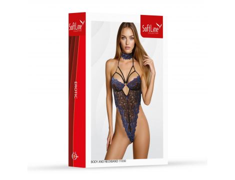 Koronkowe body erotyczne z obrożą SoftLine niebiesko czarne 2XL