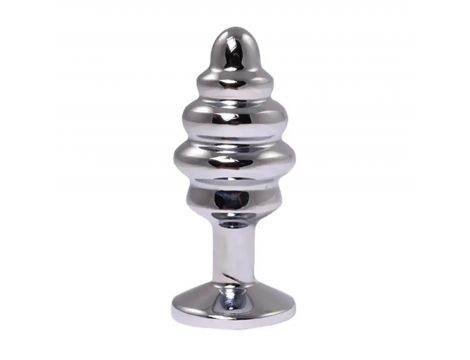 Korek analny Fantasy srebrny żebrowany z różowym kryształem 7 cm