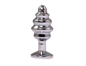 Silver small ribbed butt plug with red crystal