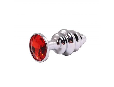 Silver small ribbed butt plug with red crystal - 2