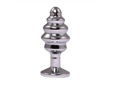 Silver small ribbed butt plug with red crystal