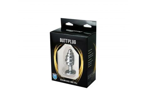 Silver small ribbed butt plug with red crystal - 3