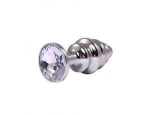 Silver small ribbed butt plug with white crystal