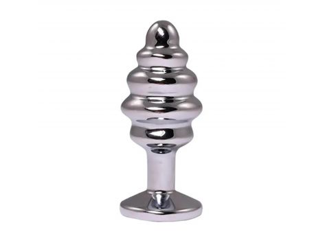 Silver small ribbed butt plug with white crystal - 2