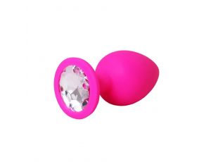 Różowy silikonowy korek analny duży z białym kryształem Fantasy 9 cm