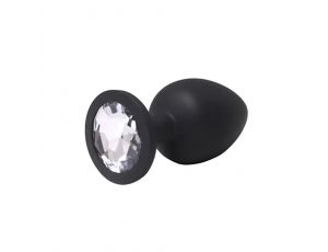 Korek analny silikonowy czarny medium z białym kryształem Fantasy 8 cm