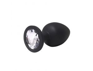 Czarny silikonowy korek analny Fantasy mały z białym kryształem 7 cm