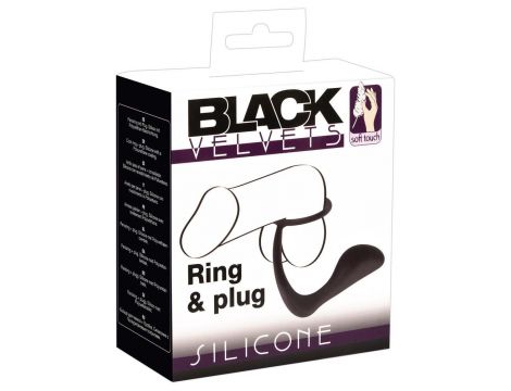 Pierścień erekcyjny z korkiem analnym Black Velvets czarny 10 cm - 2