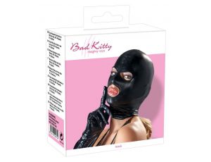 Maska BDSM wet look Bad Kitty czarna z otwartymi oczami i ustami