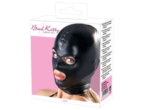 Maska BDSM wet look Bad Kitty czarna z otwartymi oczami i ustami - 8