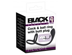 Pierścień na penisa i jądra z korkiem analnym Black Velvets 16 cm