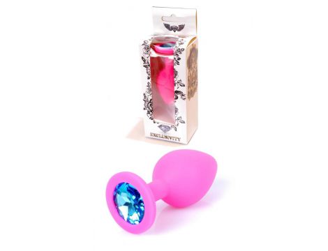 Silikonowy korek analny różowy HeavyFun z błękitnym diamentem 8 cm