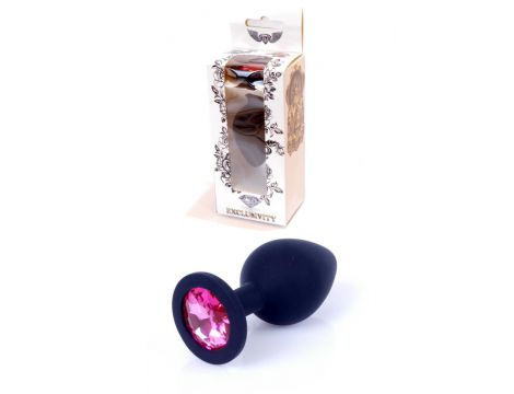 Korek analny silikonowy HeavyFun czarny z różowym diamentem 8 cm