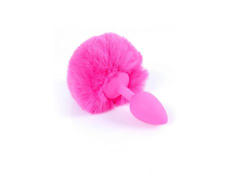 Korek analny silikonowy z puszystym ogonkiem króliczym różowy 6,5 cm - 3