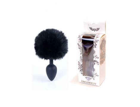 Silikonowy korek analny z króliczym ogonkiem HeavyFun czarny 6,5 cm