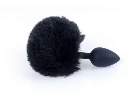 Silikonowy korek analny z króliczym ogonkiem HeavyFun czarny 6,5 cm - 5