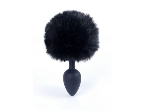 Silikonowy korek analny z króliczym ogonkiem HeavyFun czarny 6,5 cm - 6