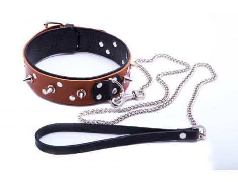 Skórzana obroża męska Whips Collection koniakowa ze smyczą - 3