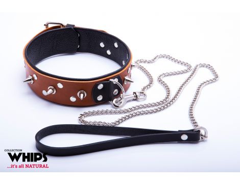 Skórzana obroża męska Whips Collection koniakowa ze smyczą - 2