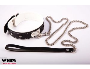 Obroża damska Whips Collection skórzana biało czarna ze smyczą