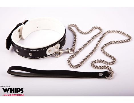 Obroża damska Whips Collection skórzana biało czarna ze smyczą